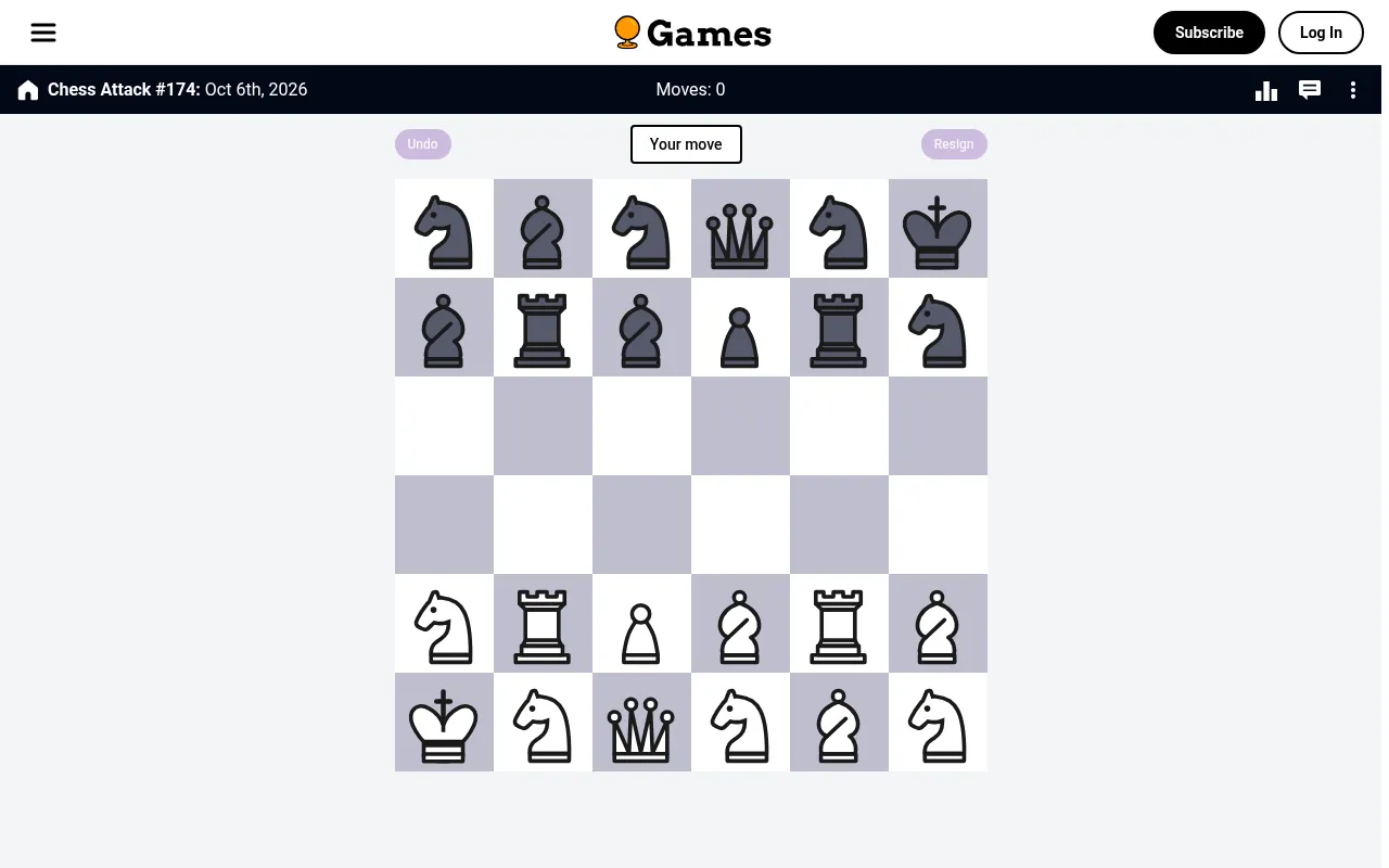 Chess Attack #174 for Oct 6th, 2026 on Sporcle: the day's 6x6 board with two rows of black pieces facing two rows of white pieces, Moves 0 and Your move