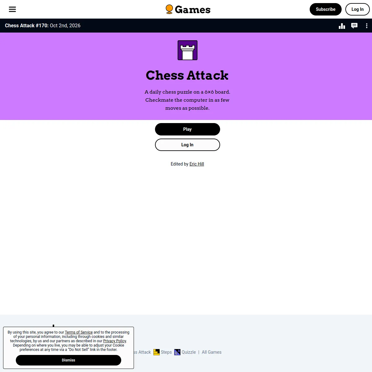 Chess Attack start screen on Sporcle Games showing puzzle #170 dated Oct 2nd 2026, a rook icon, the line A daily chess puzzle on a 6x6 board, checkmate the computer in as few moves as possible, a Play