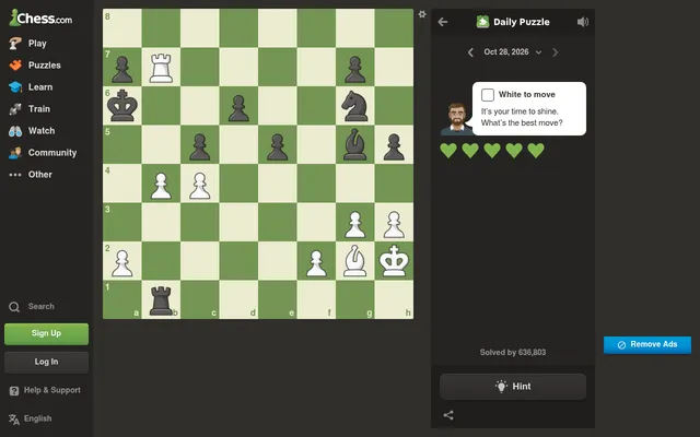 The Chess.com Daily Puzzle of 28 October 2026, Nifty Hand Off, at desktop size: White to move, five hearts and a Hint button beside the board