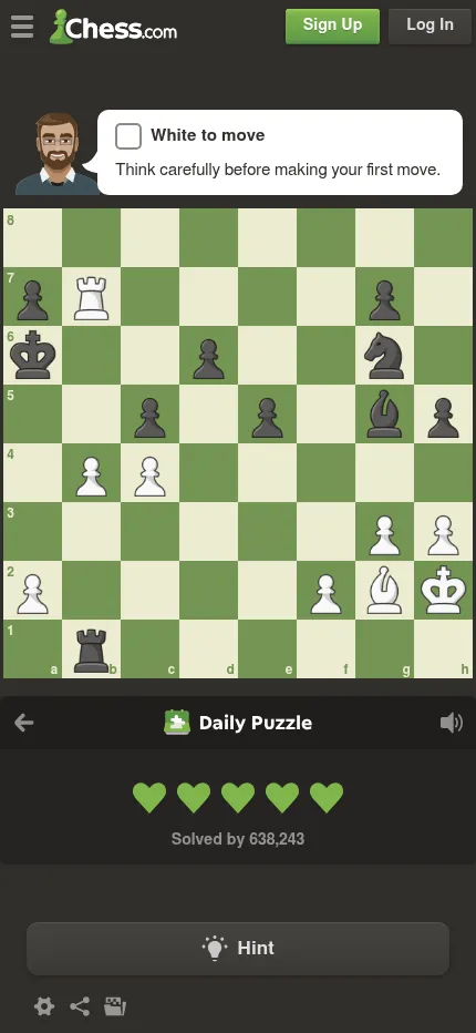 The same Daily Puzzle of 28 October 2026 at phone size, with the Coach's White to move prompt above the board and the hearts below