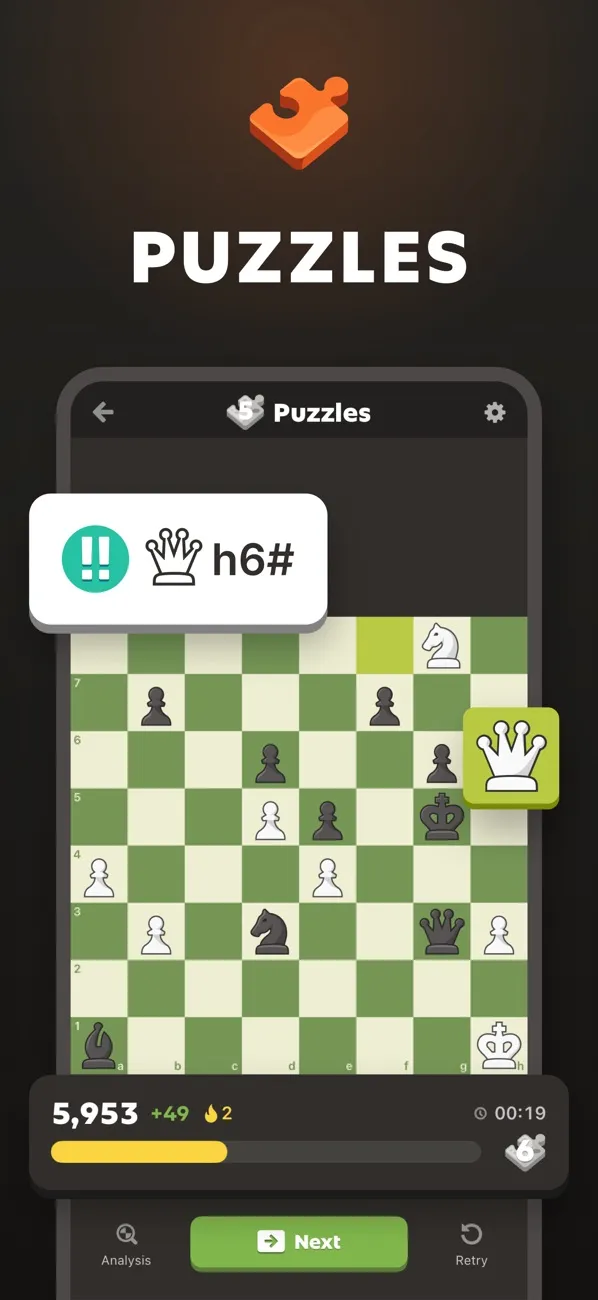 A chess puzzle solved in the Chess.com app with a queen checkmate on h6