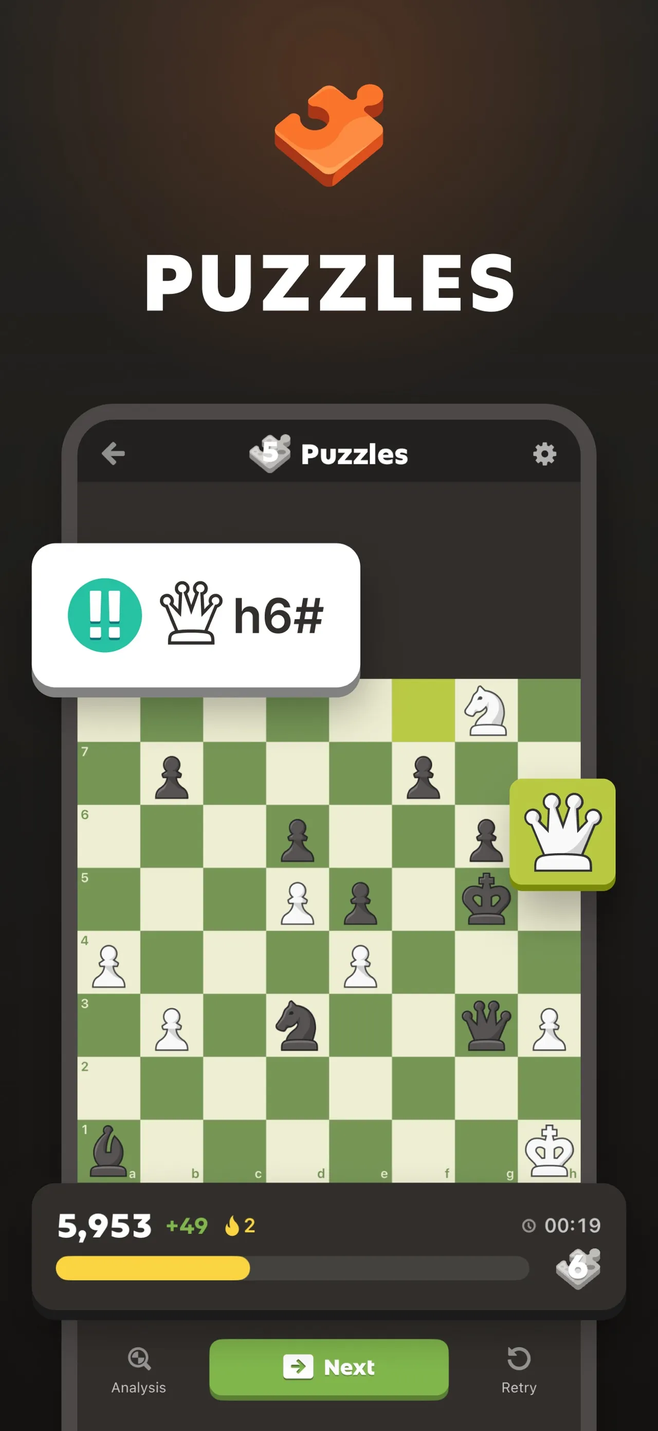 A chess puzzle solved in the Chess.com app with a queen checkmate on h6
