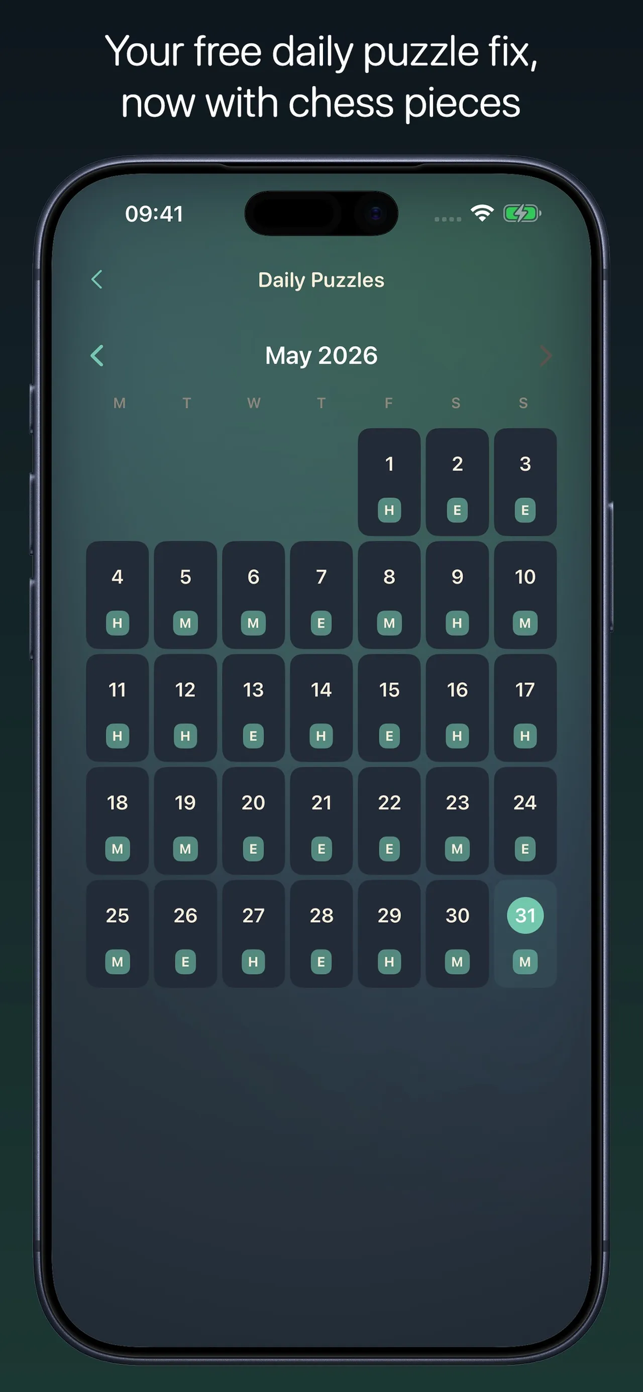 Chess Peace Daily Puzzles calendar for May 2026, each day a puzzle to play