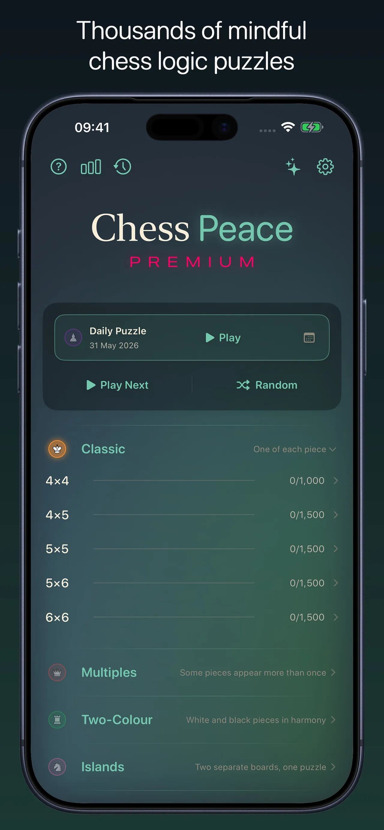 Chess Peace home screen with the Daily Puzzle at the top and the Classic, Multiples, Two-Colour and Islands modes below
