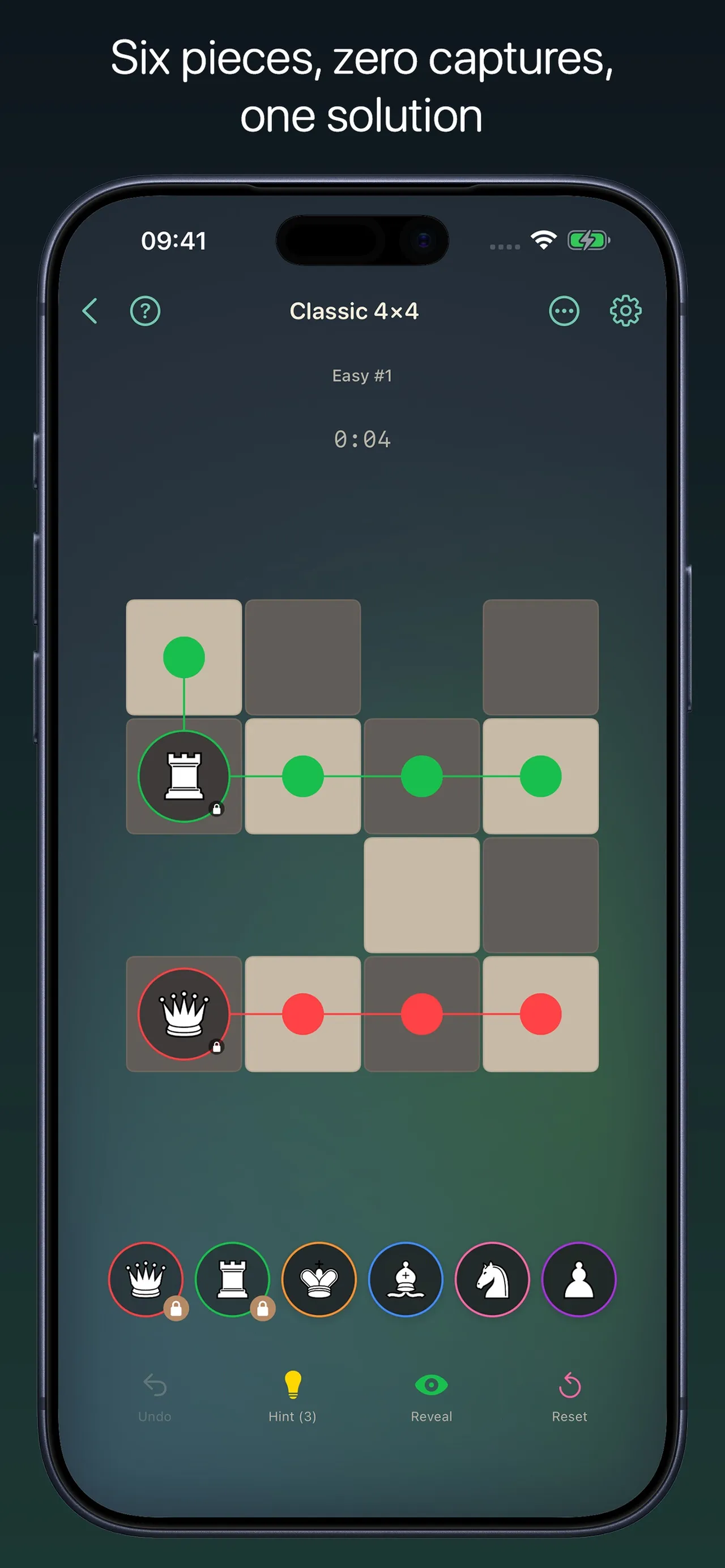 Chess Peace classic 4x4 puzzle: a rook and a queen placed on an odd-shaped board, with dots showing the squares each attacks