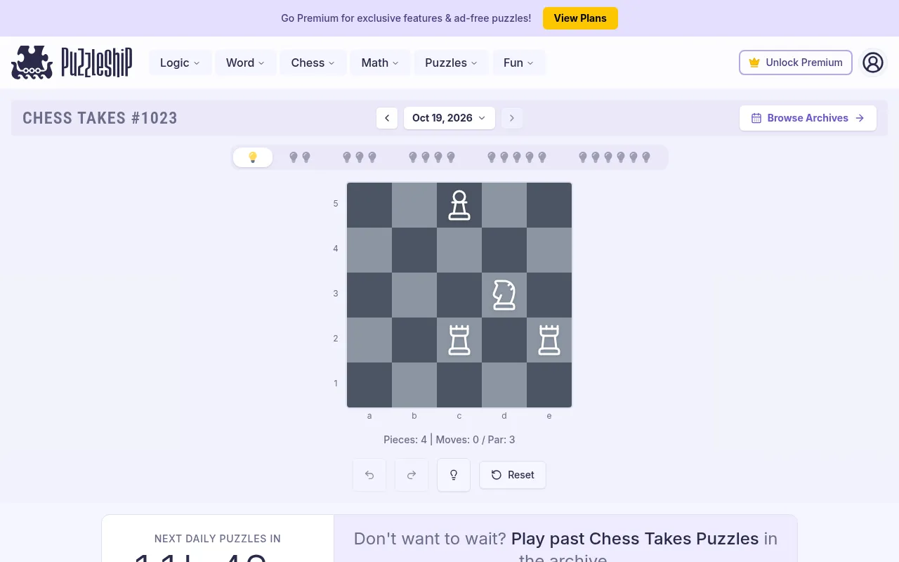 Chess Takes #1023 very easy board on desktop: a 5 by 5 board with a pawn, a knight and two rooks, par 3, with undo, redo, hint and Reset buttons