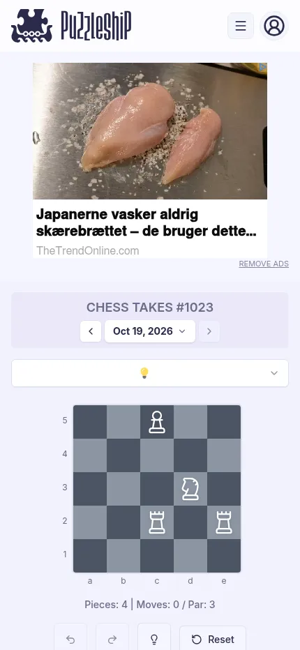 Chess Takes #1023 on a phone: a display ad above the 5 by 5 very easy board with a pawn, a knight and two rooks