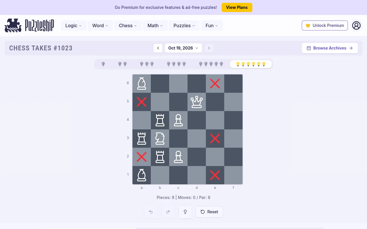 Chess Takes #1023 ultra hard board on desktop: a 6 by 6 board with bishops, rooks, a knight, a queen and pawns, five crossed-out squares, par 8