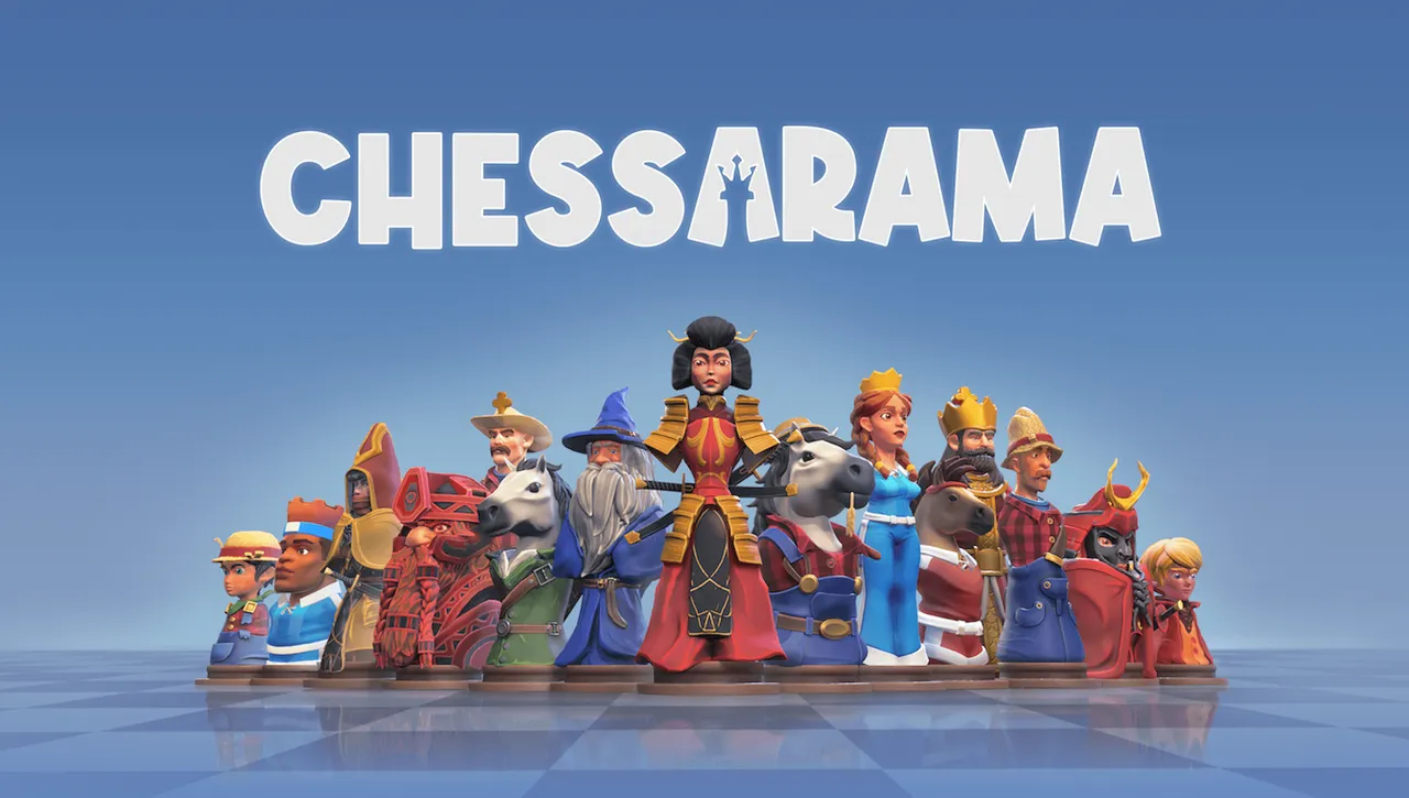 Chessarama key art: the game's chess figures, among them a samurai queen, a wizard and horses, below the Chessarama logo