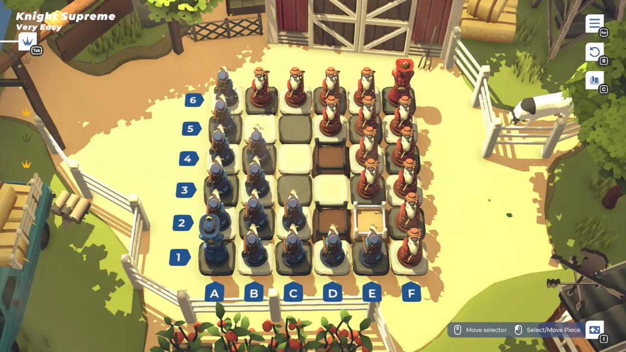 A Chessarama Knight Supreme board: blue and red chess pieces on a six by six farmyard grid