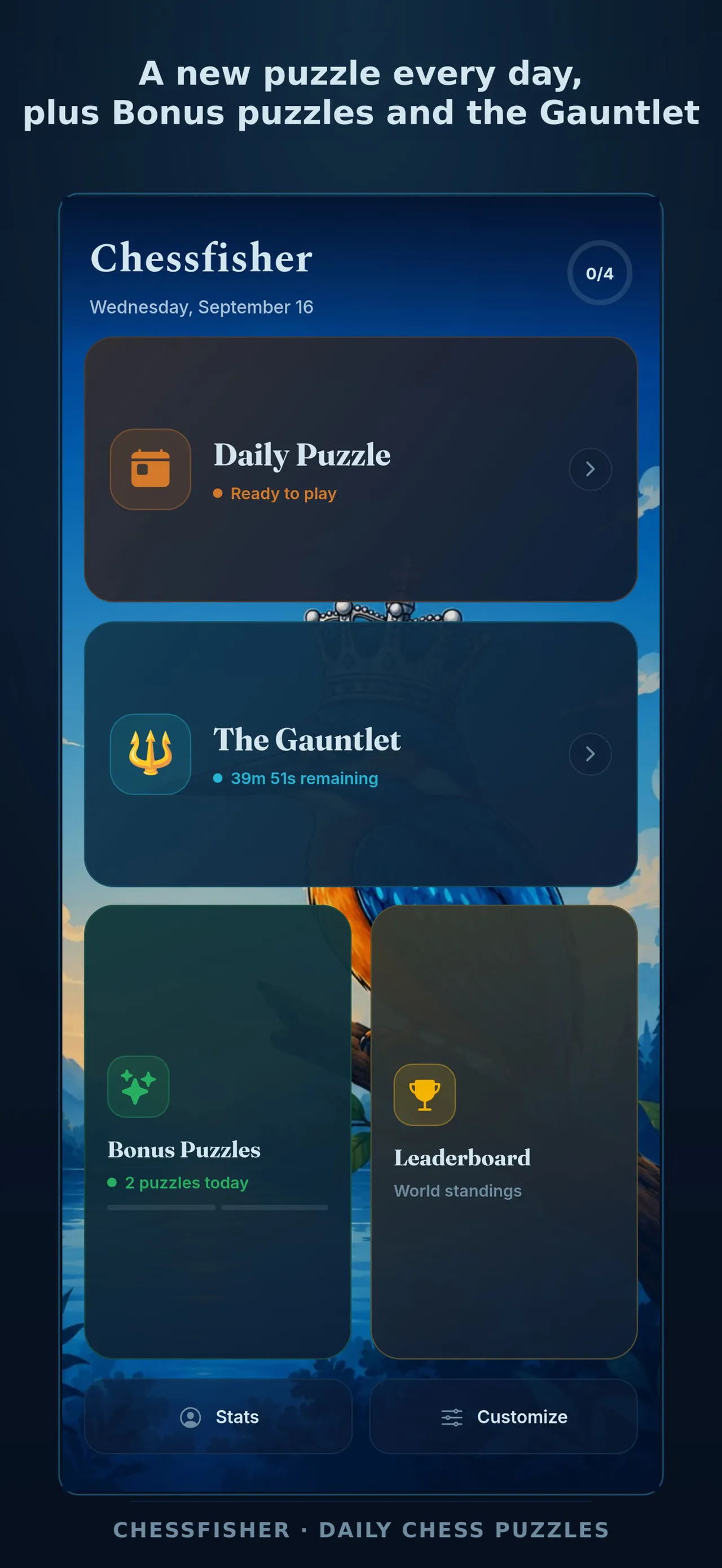 Chessfisher's menu with the Daily Puzzle, The Gauntlet, Bonus Puzzles and the Leaderboard