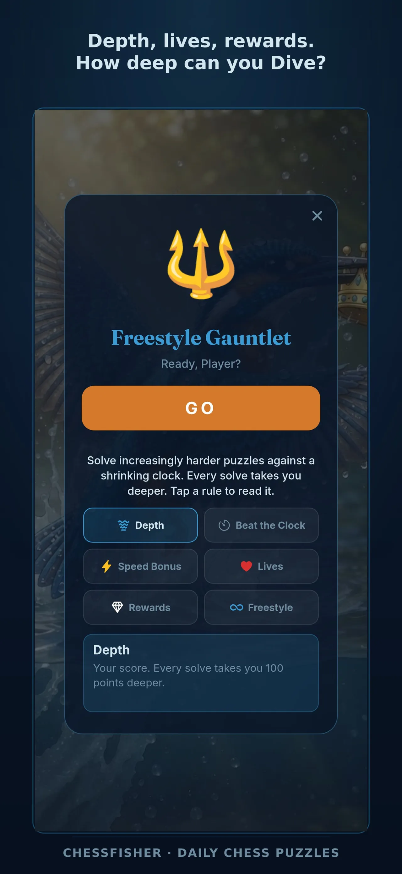Chessfisher's Freestyle Gauntlet screen explaining Depth, lives and the shrinking clock