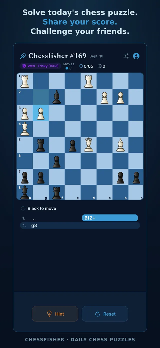 Chessfisher puzzle #169, a Wednesday Tricky position with Black to move and the first moves of the line listed