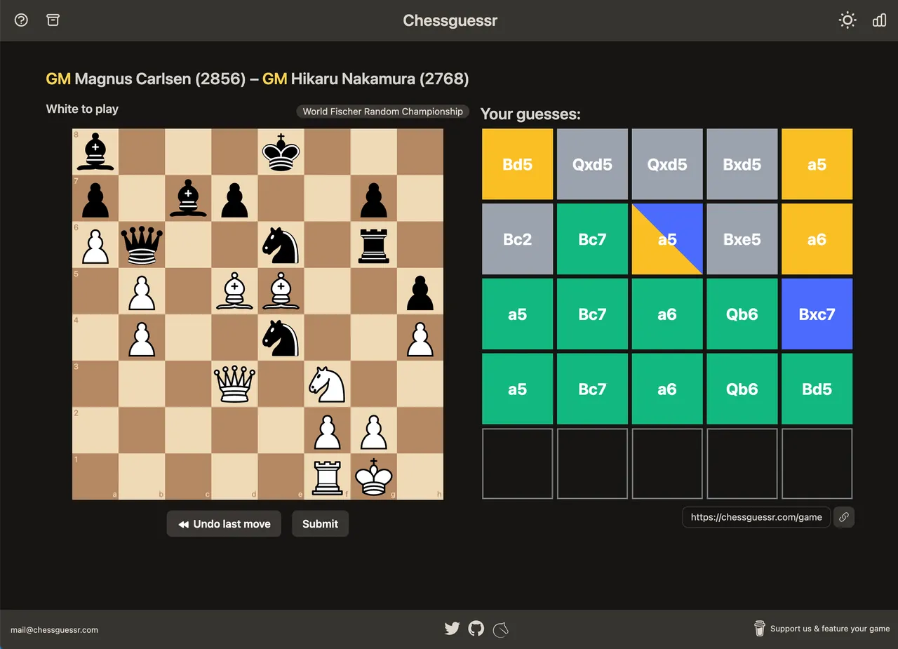 Chessguessr with a Carlsen v Nakamura position on the left and rows of green, yellow, blue and grey move guesses on the right