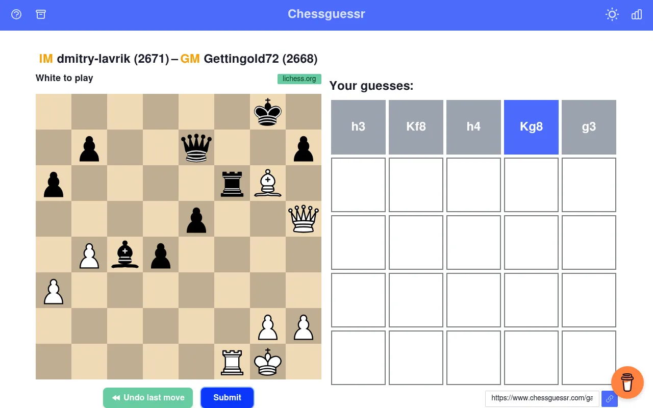 Chessguessr puzzle 1591 on 29 October 2026: a position from dmitry-lavrik v Gettingold72 with a first guess of five moves in grey and blue tiles