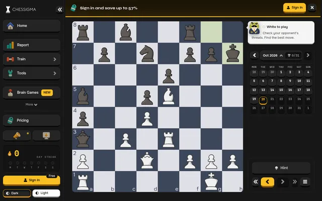 Chessigma's daily chess puzzle for 20 October 2026: White to play on the board, with Coach Froggy's prompt, the month's puzzle calendar and a Hint button