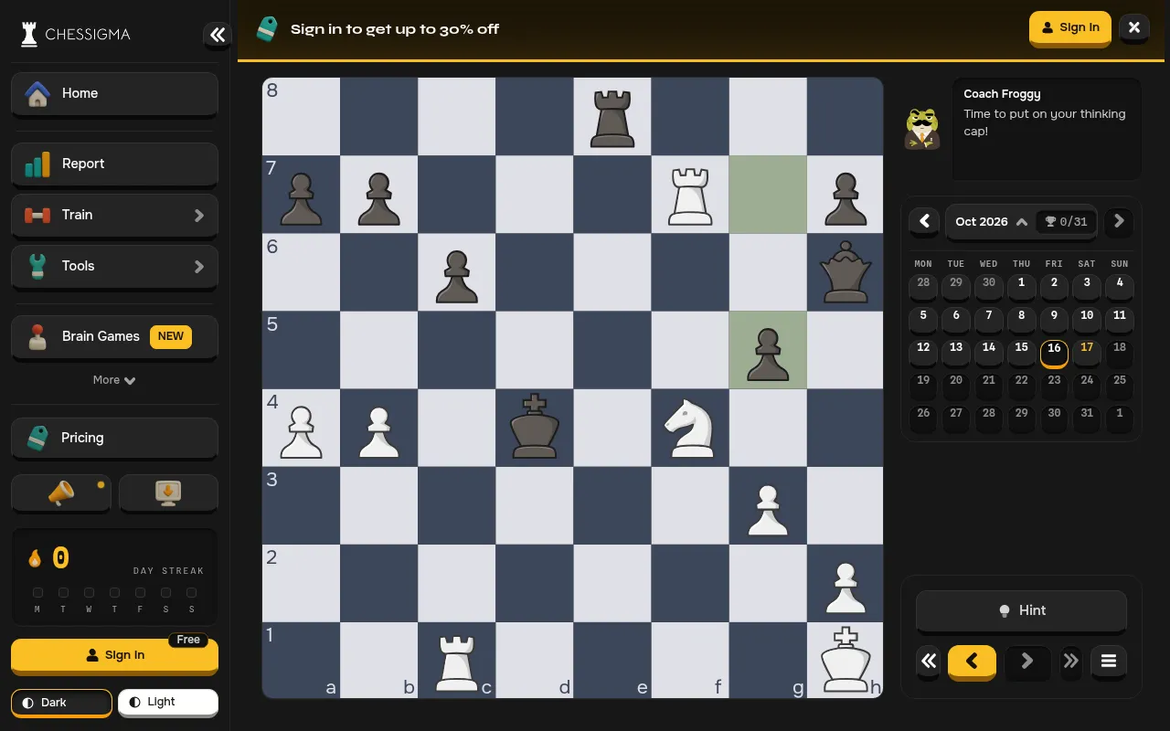 Chessigma's daily chess puzzle for 16 October 2026, opened from the calendar of past days