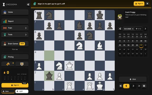 Chessigma's daily chess puzzle for 17 October 2026: a middlegame position on the board, with the month's puzzle calendar and a Hint button beside it