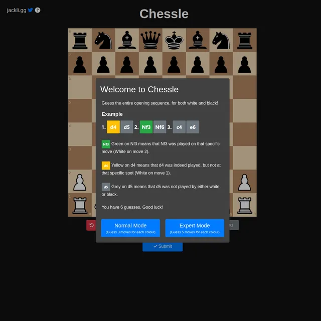 The Chessle board in its starting position with a Welcome panel that shows the green, yellow and grey colour example, notes six guesses, and offers Normal Mode (three moves each colour) and Expert Mod