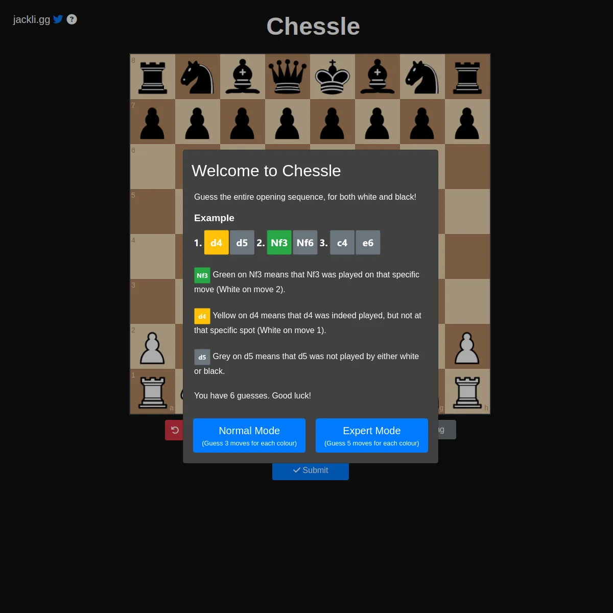 The Chessle board in its starting position with a Welcome panel that shows the green, yellow and grey colour example, notes six guesses, and offers Normal Mode (three moves each colour) and Expert Mod
