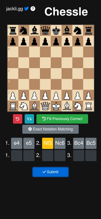 Chessle at phone size: the chessboard above a first guess e4 e5 Nf3 Nc6 Bc4 Bc5, with Nf3 yellow and the rest grey