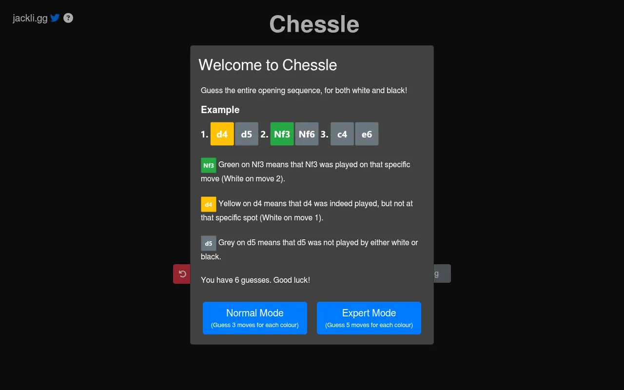 Chessle's welcome panel: guess the whole opening sequence, an example line d4 d5 Nf3 Nf6 c4 e6 in green, yellow and grey, six guesses, and the Normal and Expert Mode buttons
