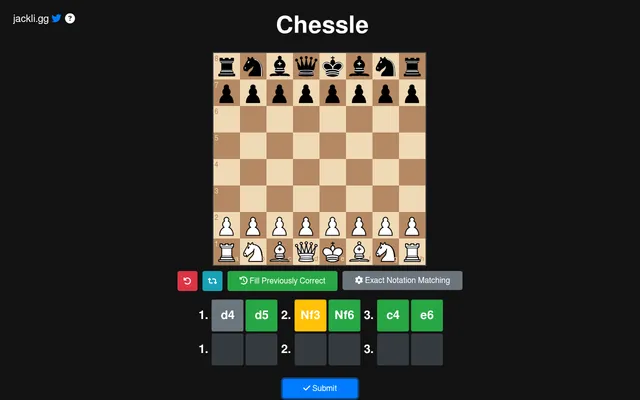 Today's Chessle board in Normal mode after a first guess: d4 grey, d5 green, Nf3 yellow, Nf6, c4 and e6 green, with a second empty row below