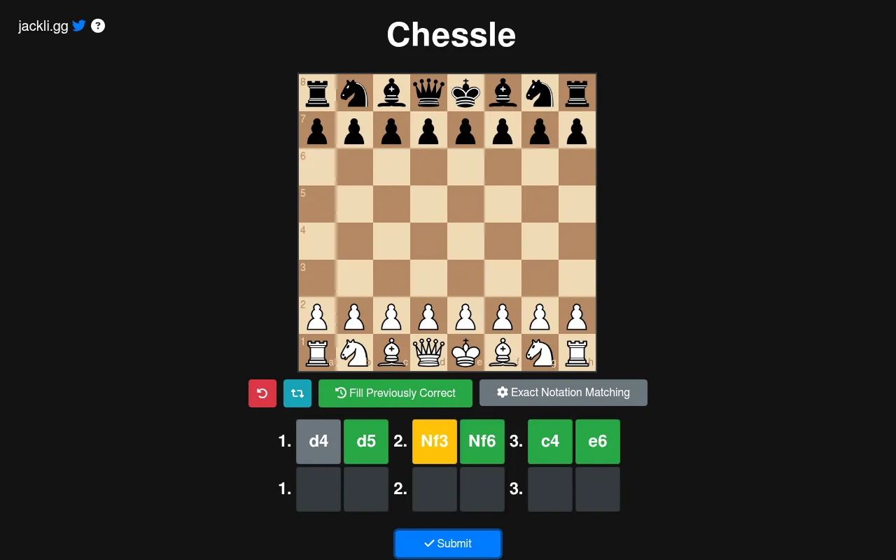 Today's Chessle board in Normal mode after a first guess: d4 grey, d5 green, Nf3 yellow, Nf6, c4 and e6 green, with a second empty row below