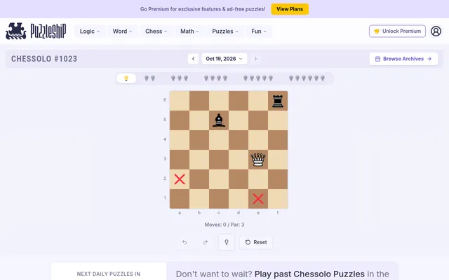 Chessolo #1023 very easy board for 19 October 2026: a white queen on e3, a black bishop and rook on a 6x6 board, red crosses on a2 and e1, par 3