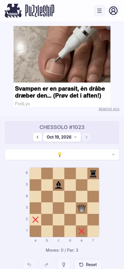 Chessolo on a phone: the very easy board of #1023 for 19 October 2026 with a white queen, black bishop and rook, par 3, below a display ad