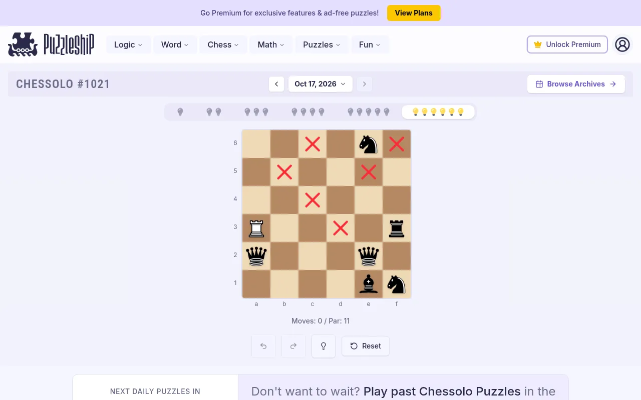 Chessolo #1021 ultra hard board for 17 October 2026: a white rook on a 6x6 board with black queens, rooks, knights and a bishop, red crosses on blocked squares, par 11