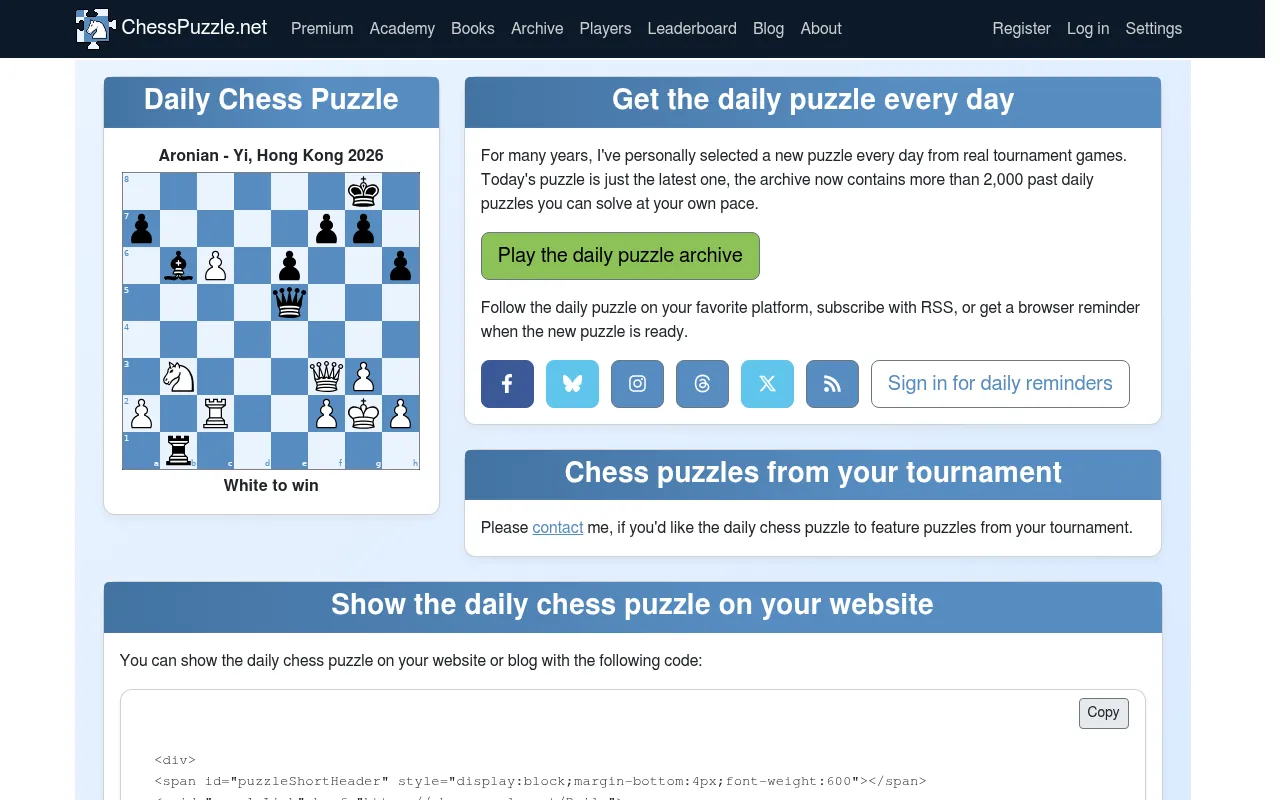 ChessPuzzle.net's Daily Chess Puzzle from Aronian versus Yi, Hong Kong 2026, White to win, beside the note that the archive holds more than 2,000 past daily puzzles