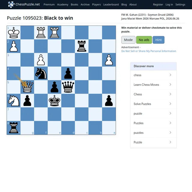 ChessPuzzle.net daily puzzle 1095023, Black to win, a position from Gahan versus Druzd at Warsaw 2026