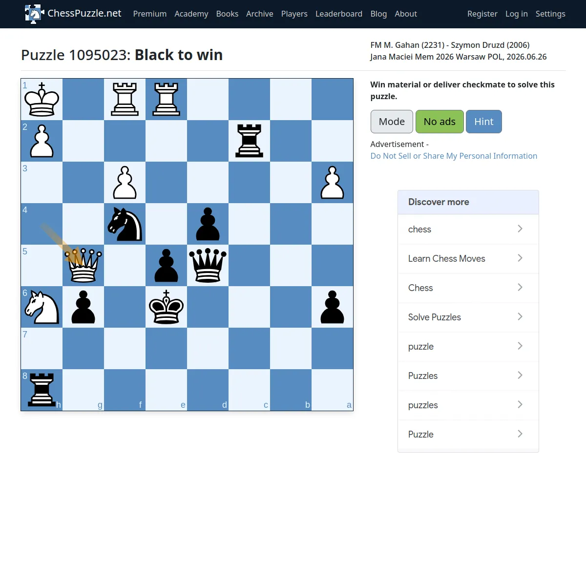ChessPuzzle.net daily puzzle 1095023, Black to win, a position from Gahan versus Druzd at Warsaw 2026