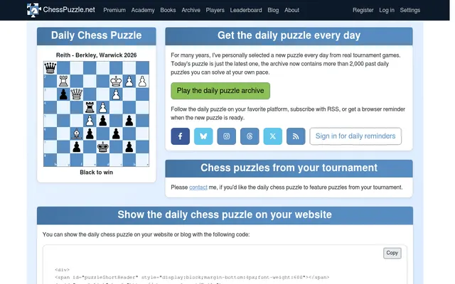 ChessPuzzle.net's Daily Chess Puzzle for 22 October 2026: Reith versus Berkley, Warwick 2026, Black to win, beside the note that the archive holds more than 2,000 past dailies