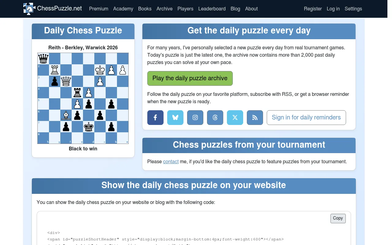 ChessPuzzle.net's Daily Chess Puzzle for 22 October 2026: Reith versus Berkley, Warwick 2026, Black to win, beside the note that the archive holds more than 2,000 past dailies