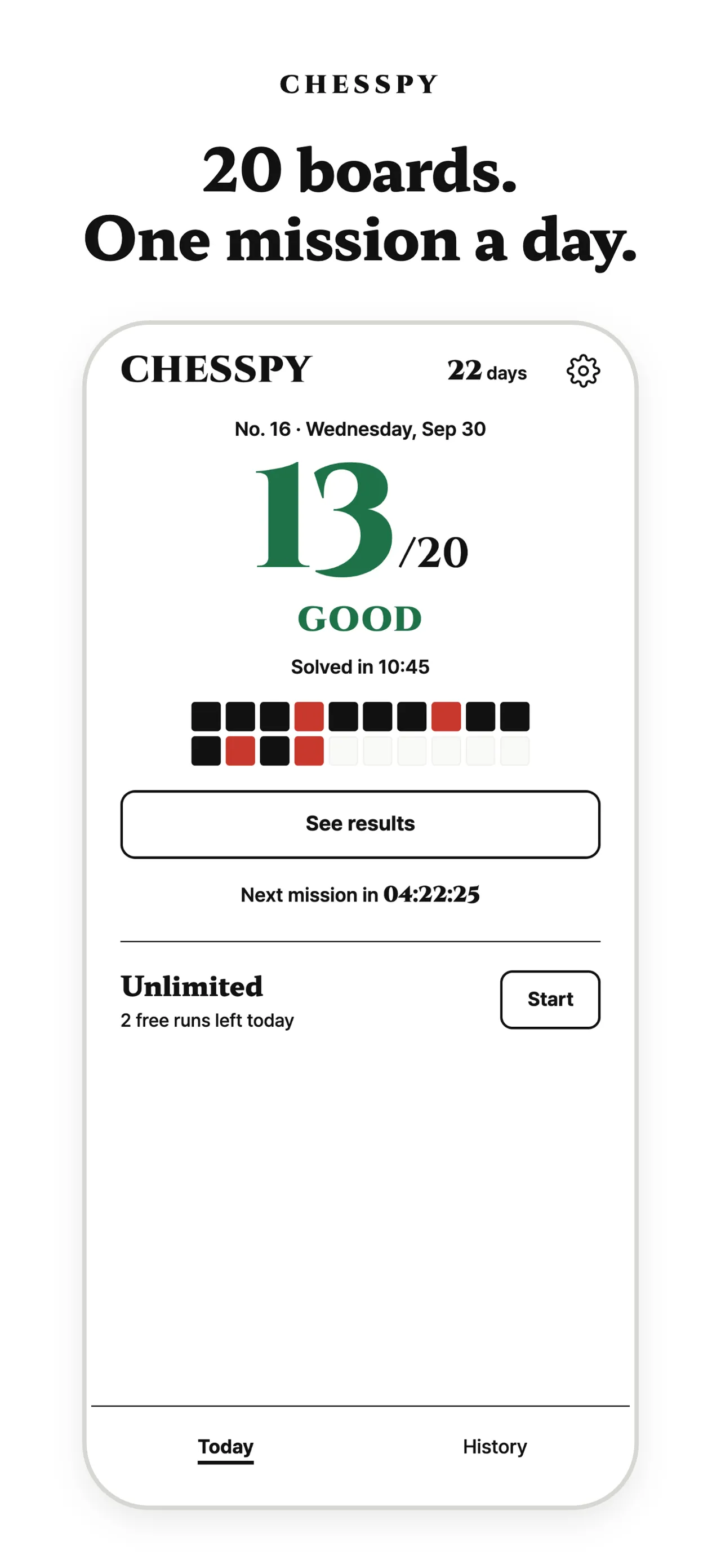Chesspy's Today screen after a mission: 13 of 20 boards, a grid of results and the time to the next mission