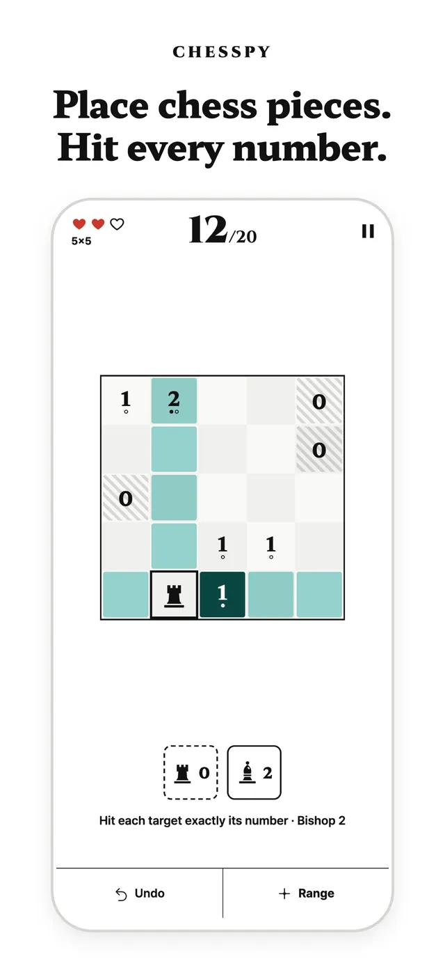 A Chesspy 5x5 board, number 12 of 20, with a rook placed, numbered targets and safe 0 squares