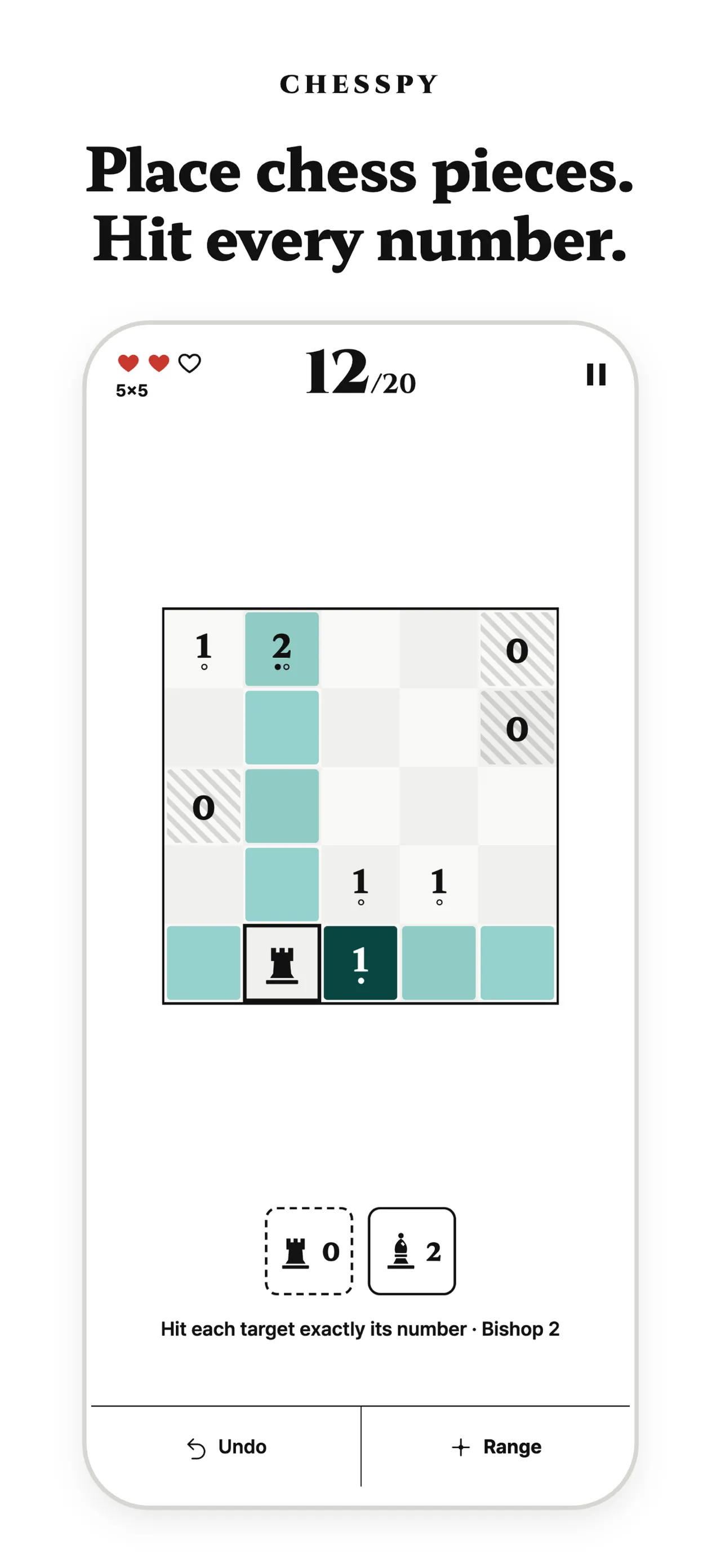 A Chesspy 5x5 board, number 12 of 20, with a rook placed, numbered targets and safe 0 squares