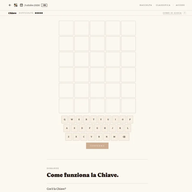Chiave game board on Cruciverba Lab with an empty five by six grid and an on-screen keyboard