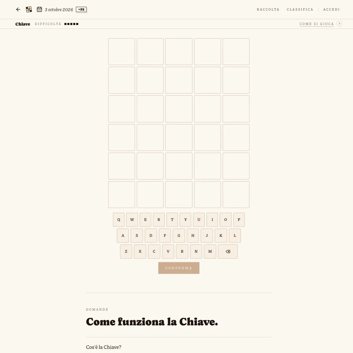 Chiave game board on Cruciverba Lab with an empty five by six grid and an on-screen keyboard