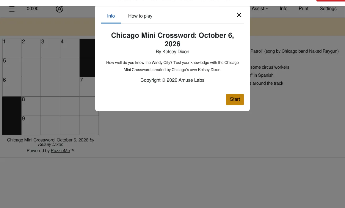The Chicago Mini Crossword for October 6, 2026 by Kelsey Dixon: the info panel with a Start button over the five-by-five grid and its clues