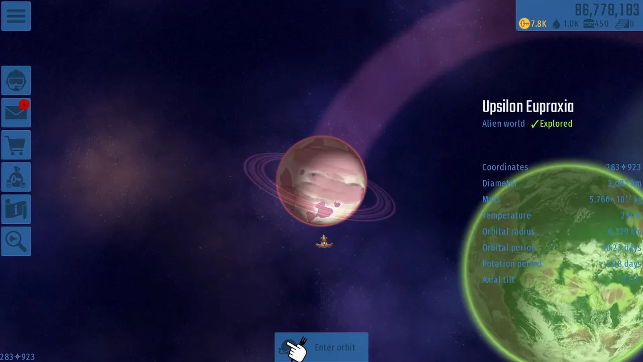 Chicken Invaders Universe: the galaxy map showing the alien world Upsilon Eupraxia and its details, with the inbox and store icons