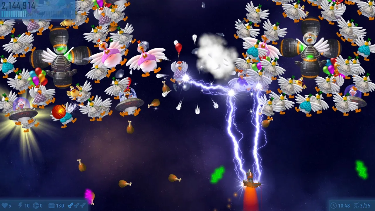 Chicken Invaders Universe: a ship fires lightning up into a crowd of chickens, some in flying saucers and balloons