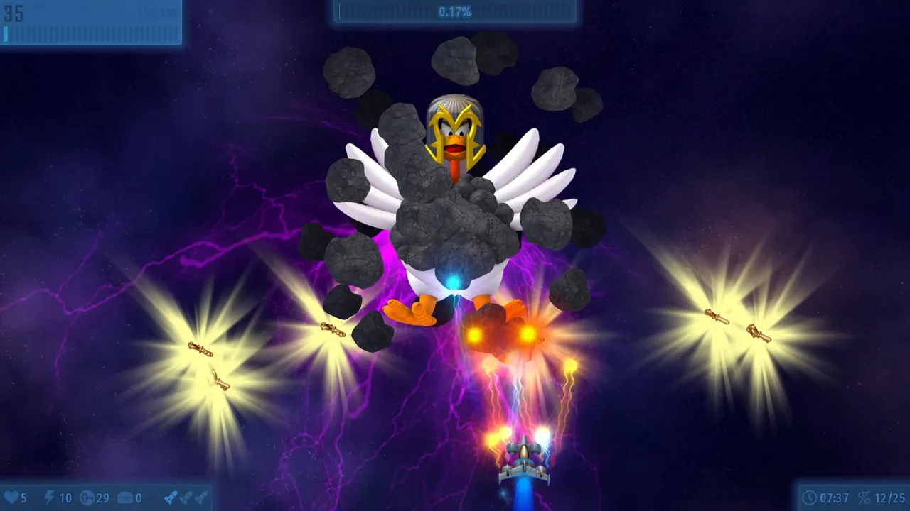 Chicken Invaders Universe: a giant helmeted chicken boss surrounded by rocks fires at the player's ship