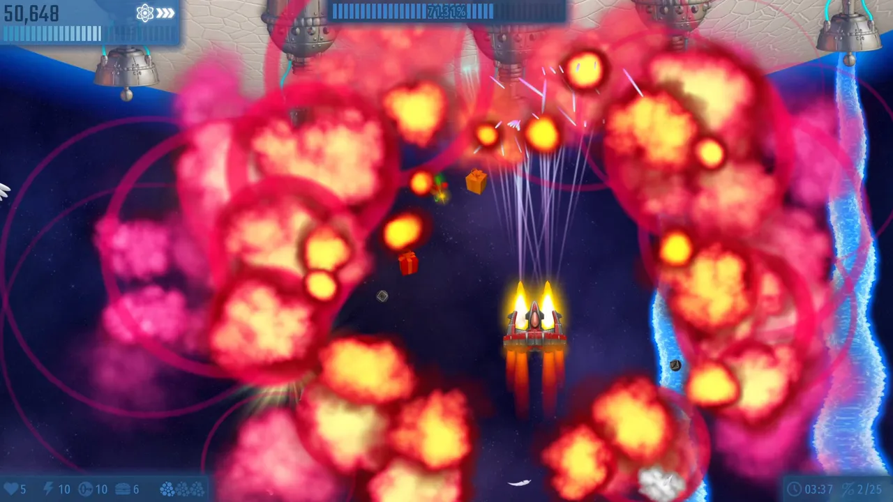 Chicken Invaders Universe: red and pink explosions fill the screen as the player's ship fires upward