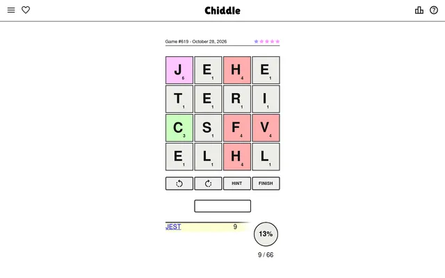 Chiddle game #619 of 28 October 2026 on a desktop: a 4x4 grid of lettered tiles with point values, the word JEST found for 9 points, 9 of 66 shown