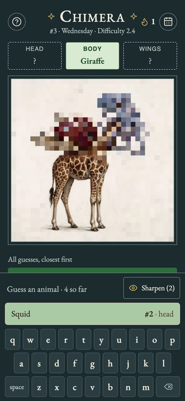 Chimera #3 in progress: the giraffe body found and shown sharp while the head and wings stay pixelated, with Squid ranked #2 closest to the head
