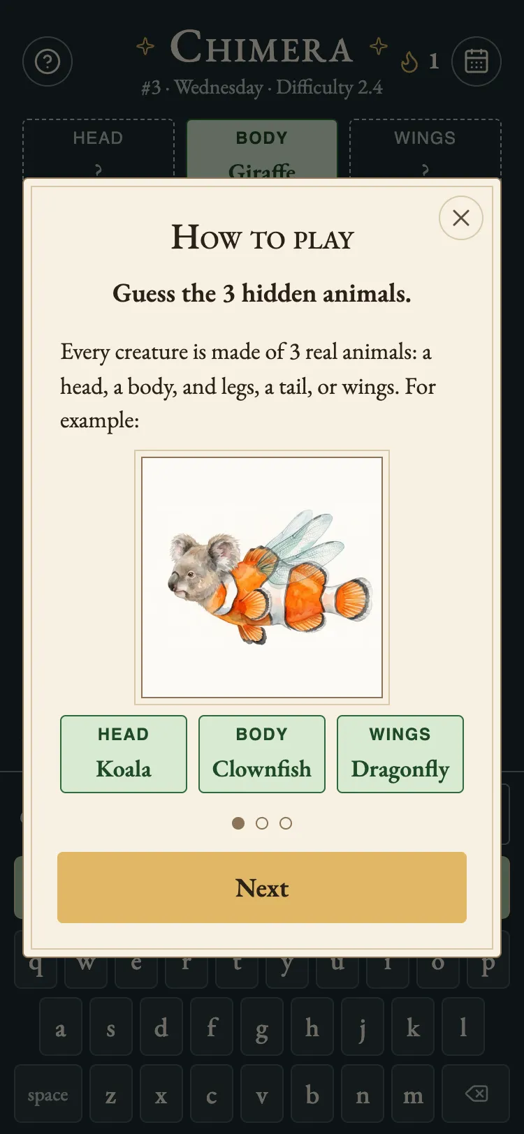 The Chimera how-to-play example: a creature with a koala head, a clownfish body and dragonfly wings