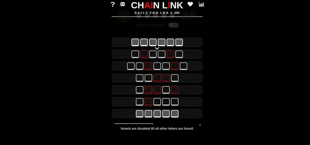 The Chain Link board at the start of a daily puzzle: seven rows of empty letter tiles linking the first and last words